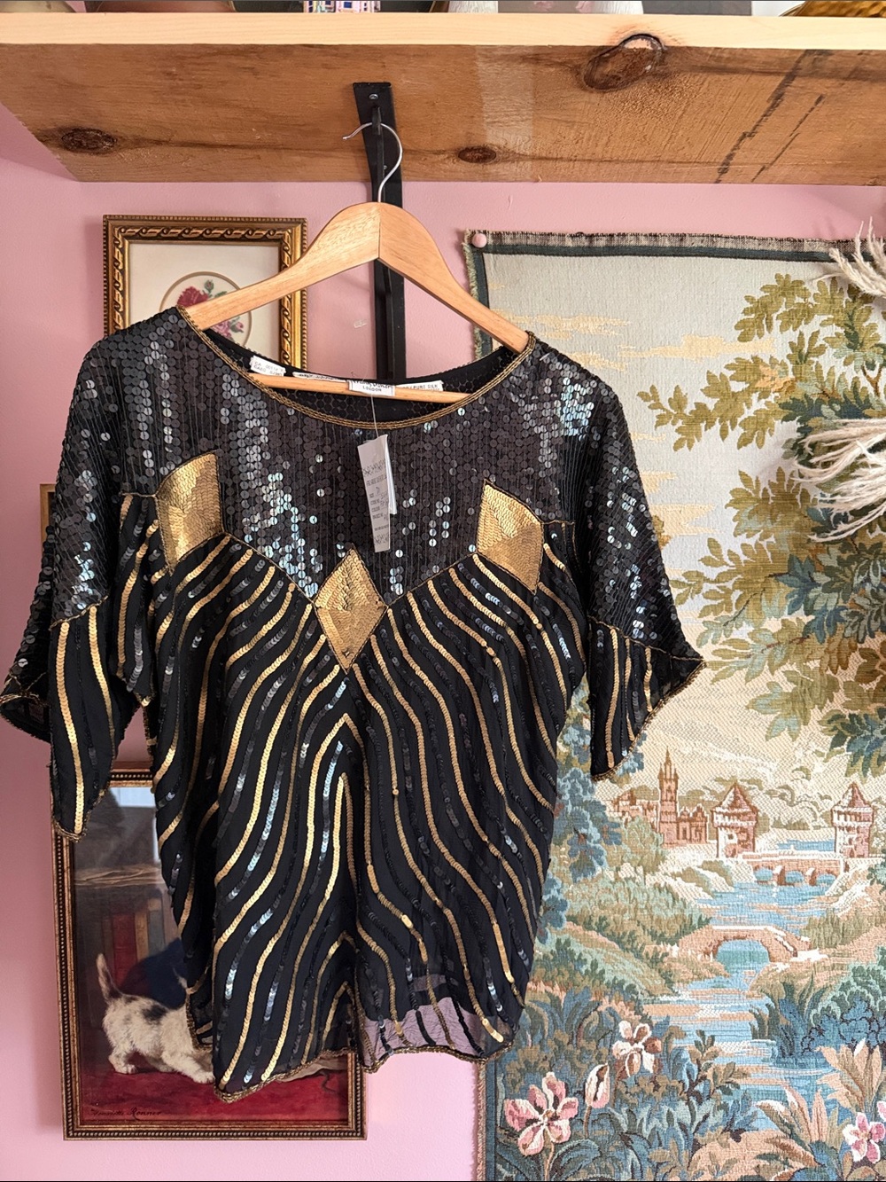 Vintage Black & Gold Sequin Short Sleeve silk Blouse NWT